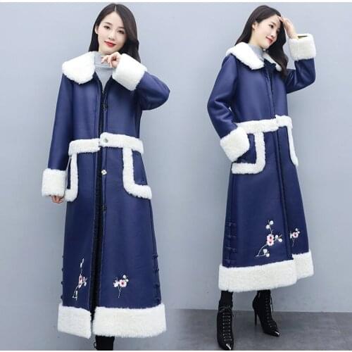 Womens Lamb Fur Coat Long Over The Knee Winter New Chinese Style Plus Velvet Thick Parka Lady Fashion Patchwork Overcoat y1389