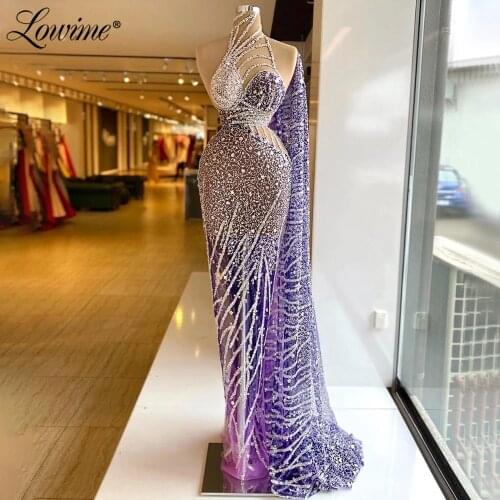 Lowime Robe De Soiree Purple One Shoulder Beading Plus Size Dubai Arabic Party Gowns For Weddings 2021 Mermaid Long Prom Dresses