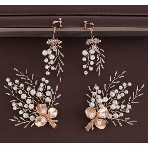 3 Pcs/Set Trendy Pearls Rhinestone Hairgrips Earrings Sets Gold Leaf Hair Clips For Women Bride Wedding Hair Jewelry Accessories