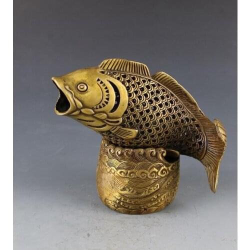 6Old China Antique Qianlong Brass Large Carp Incense Burner