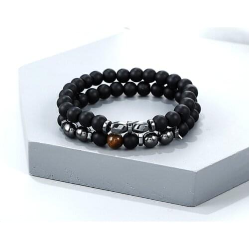 8mm Black stone beads Men bracelet 2pcs/set handmade mens jewelry pulseras bracelets homme bijoux hippie armband bileklik