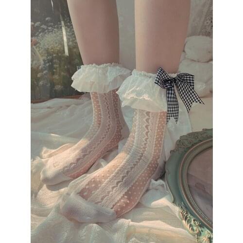 Alice double lace plaid bow crystal socks girl cute socks