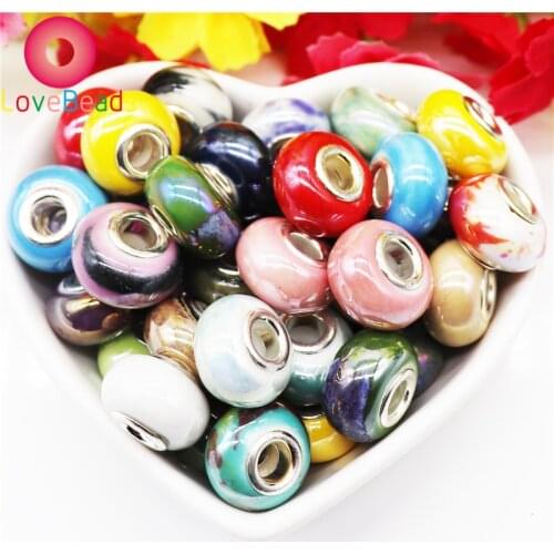 10Pcs Mixed Color Round Smooth Glass Murano Big Hole Spacer Beads Fit Pandora Bracelet Pendant Charms Chain DIY Necklace Jewelry