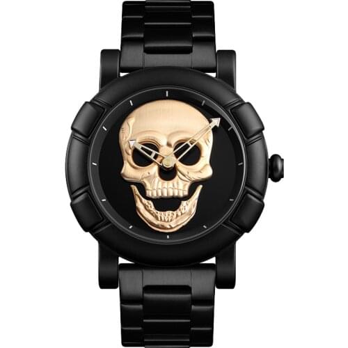 Black Gold Dial Quartz Watch Men 3D Skull Head Pattern Stainless Steel Steampunk Rock Engraved Cool Mexico Man Male reloj hombre