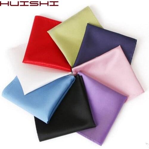 HUISHI Hot Sale Mens Satin Polyestery Solid Plain Suits Pocket Squares Party Handkerchief Accessories Wedding Business