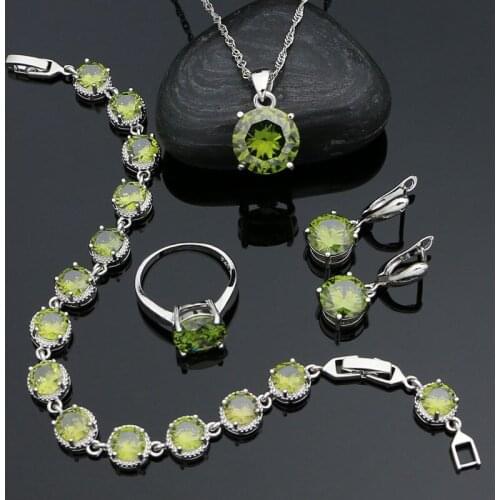 925 Sterling Silver Jewelry Set Olive Green Cubic Zirconia Jewelry Classic Ring Earring Bracelet Chain Pendant for Girls