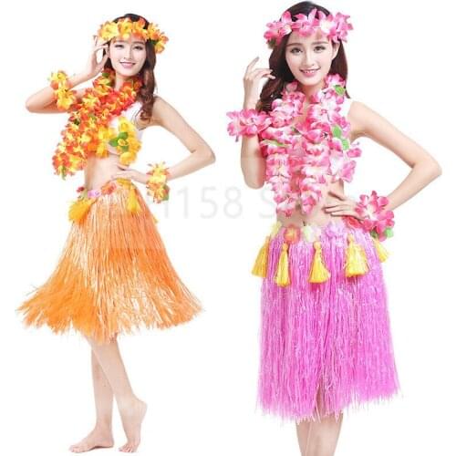 8Pieces Party Dress Suit Colourful 60CM Thickened Flow Combed Hawaiian Lafite Grass Straw Dress Skirt Corset Neck Ring Set