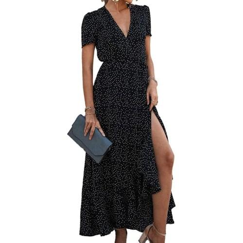 80%HOTWomen Floral Print V Neck Ruffle Hem Short Sleeve Wrap Maxi Dress Streetwear for Summer