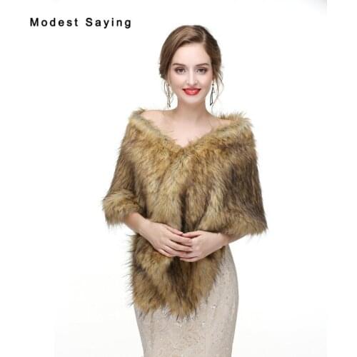 Fashion Brown Faux Fur Wedding Shawls 2017 Imitation Raccoon Fur Bridal Shrugs Wraps Winter Warm Bolero Coat Wedding Accessories