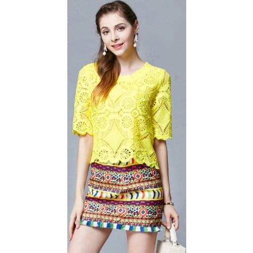 Fashion Street Style 2 Piece Set Suit Yellow Soluble Flowers Lace Top and Geometric Printed Mini Skirt Women Suits Spring 2017