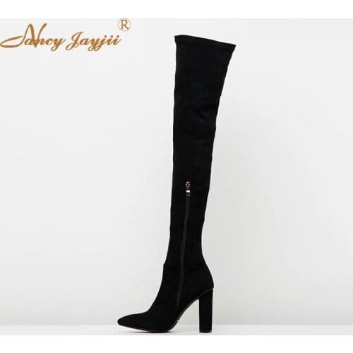 Flock Woman Shoes Adult ladies Black Boots Over-the-knee Super High Square heel Winter Zipper Mature Leisure Casual Fashion 2019