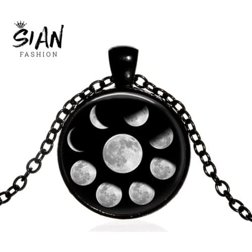 SIAN Lunar Cycle Moon Phase Necklace Full Moon and Waning Novelty Galaxy Glass Round Pendants 4 Colors Astrology Unisex Jewelry