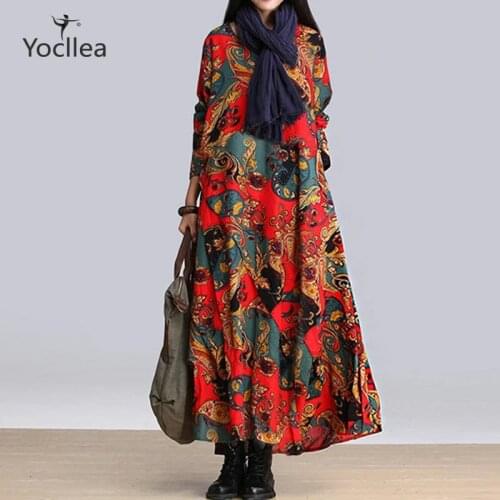 Women Autumn Dress Vestidos Asymmetrical Long Sleeve Print Cotton Linen Loose Dress Robe Female Casual Dresses office Lady