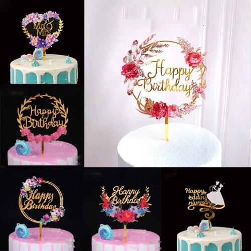 Flowers Happy Birthday Cake Topper Stand Wedding Anniversaire Party Dessert Decoration Baby Shower Cupcake Baking Tools Supplies