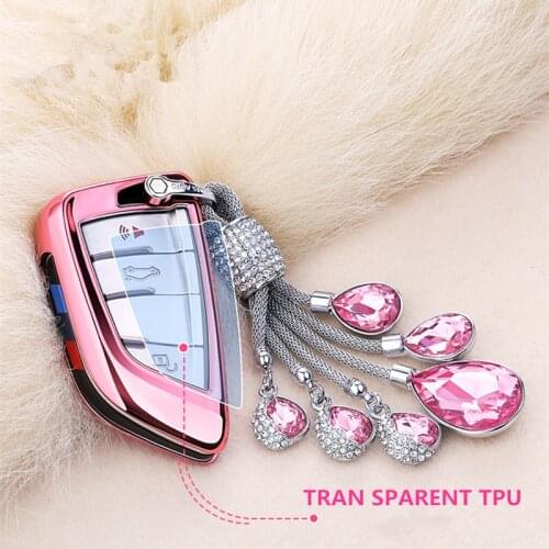 Full-Protective TPU Soft Car Key Case Shell Key Holder Key Covers For BMW X1 X2 x3 X4 X5 X6 F15 F16 Artificial Crystal Pendant