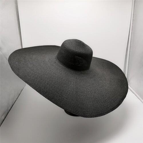 Retro Womens Summer Hat Sun Protection Cap Female Black Flat Top Big Wide Brim Hat Straw Hat Beach Hat Sun Hats With Chin Strap