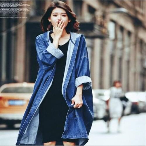 2019 New Spring Autumn Korean Long Hooded Denim Jacket Girls Large Size Coats Women Long Sleeve WindbreakerHC092