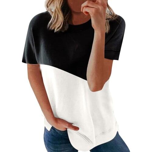 Ladies Tunic Shirts And Tops Plus Size 2021 Summer Блузка Fashion Womens Splicing Colors Round-neck Casual Short Sleeves Tops
