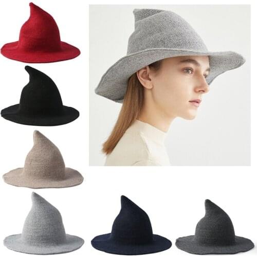 Women Winter Warm Faux Wool Knitted Halloween Witch Hat Solid Color Wide Brim Cosplay Party Wizard Pointy Bucket Cap