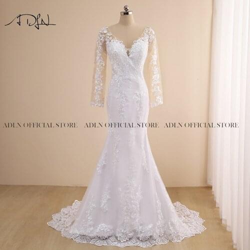 ADLN Lace Wedding Dresses Sexy V-neck Illusion Bodice Full Sleeves Bridal Gown Robe de Mariee Appliqued Bride Dress Customized