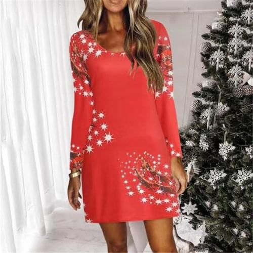 Christmas Party Dress Womens Elegant Sweet Cute Cartoon Deer Print Dress 2021 New Casual Long Sleeve Loose A-Line Dress Vestidos