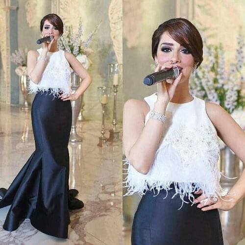 White Black Two Pieces Celebrity Dresses Mermaid Sleeveless Formal Party Guests Prom Evening Gowns Jewel Neck With Feathers New