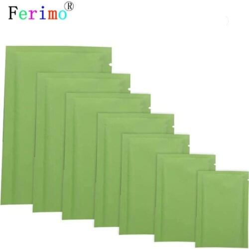 100pcs Multi Sizes Heat Sealing Open Top Aluminum Foil Vacuum Package Pouch Green Flat Mylar Bag Reclosable Storage Wholesale