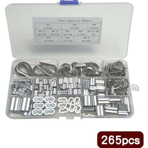 265Pcs Aluminum Crimping Loop Sleeve and 304Stainless Steel Wire Rope Cable Thimbles Combo Assortment Kit