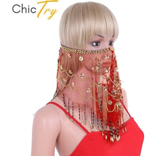 ChicTry Women Bollywood Mesh See Through Sheer Tribal Indian Face Veil with Beads Tassels Egypt Belly Dance Costume Accessories