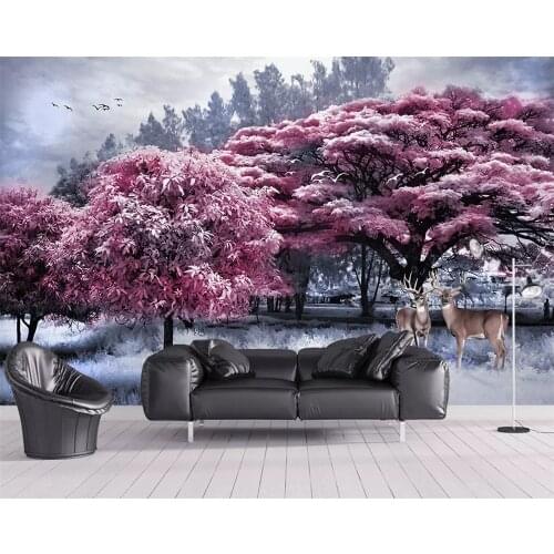 Beibehang Pink wallpaper mural forest tree elk landscape TV background wall living room bedroom 3d wallpaper decoration murals