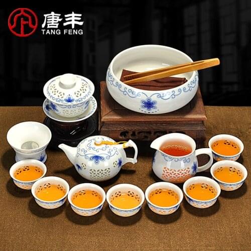 Hot sale tea set ceramic work time of blue and white porcelain tea pot lid bowl suit household tea cups