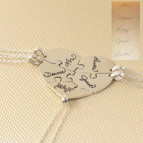 Custom 5 Pieces Heart Puzzle Necklace with Signature Engraved Pendent 925 Solid Silver Family Necklace Set Christmas Gift