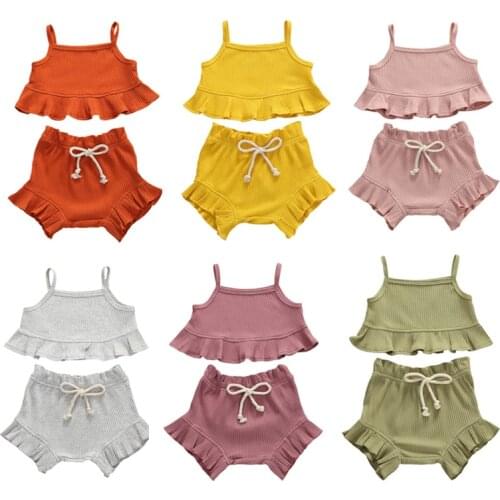 0-24M NEW Summer Baby Girls Clothing Infant Newborn 2Pcs Set Outfits Striped Solid Clothes Vest Ruffled Crops Top PP Shorts