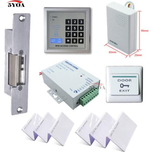 5YOA RFID Access Control System Kit Set + Strike Door Lock + ID Card Keytab + Power + Exit Button