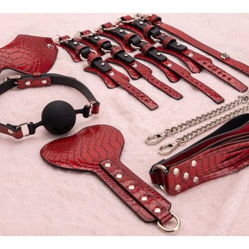 Red Upscale BDSM Bondage Kits PU Leather Erotic Restraint Set SM Handcuff & Ankle Cuffs Kit Whip Adult Women Couple Sex Toys