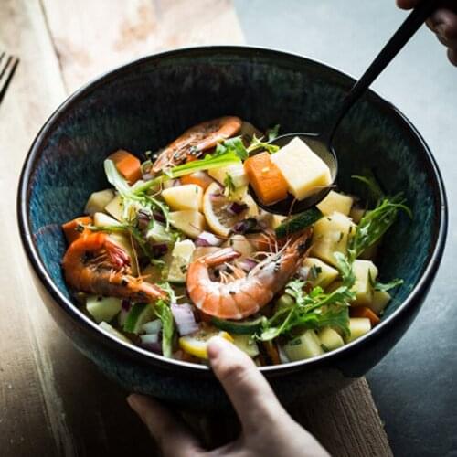 European Creative Ceramic Tableware Peacock Blue Retro Style Salad Bowl Big Soup Bowl Pickled Cabbage Fish Bowl Big Fruit Bowl