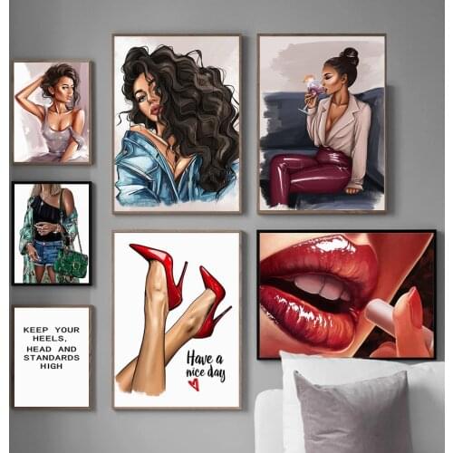 Fashion Sexy Girl Wall Poster Print High Heels Wall Art Illustration Smoking Lip Wine Canvas Painting Home Nordic Picture Decor