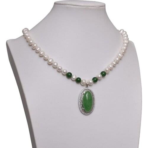 Natural Pearl Necklace Chalcedony Pendant Fashion Party womens gift elegant necklace korea Jewellery necklace chain 8-9mm 18"