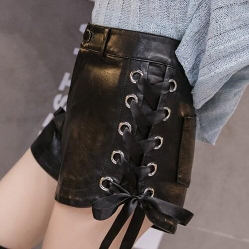 2020 Sexy Side Lace Up Black Short Mini Leather Shorts For Women Casual Fashion Bandage Hole Bottoms With Back Two Pockets