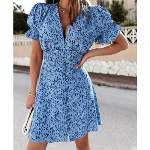 Women Dresses Summer 2021 Dress Sexy V Neck Print Boho Beach Dress Short Sleeve A Line Mini Dress Womens Summer Dresses Robe