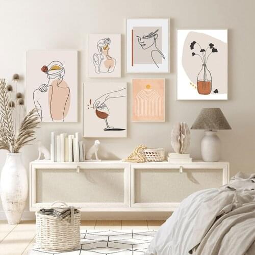 Simple Nordic Morandi color abstract line beauty vase orange fashion porch mural poster print photo wall decoration picture