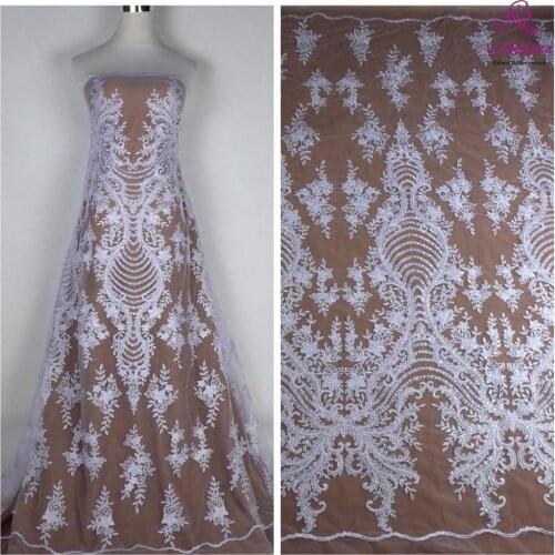 La Belleza new pure white card sequins wedding dress lace fabric shinny gown lace fabric,high quality lace 1 yard