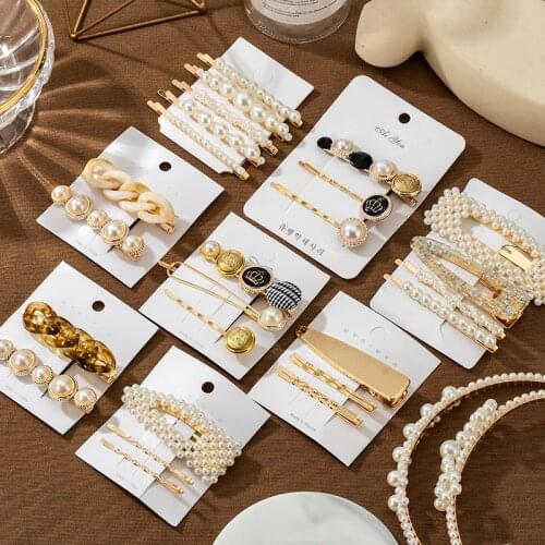 3/4/5pcs/Set Women Girls Elegant Full Pearls Geometric Hair Clips Sweet Hair Ornament Hairpin Barrette Headband Hair Accessories