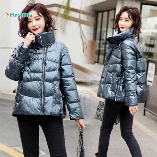 2019 New Cotton Clothing Women 's Winter Tide Bread Short Coat Bright Leather Stitching Jacket Parka Fashion Silver Outerwear