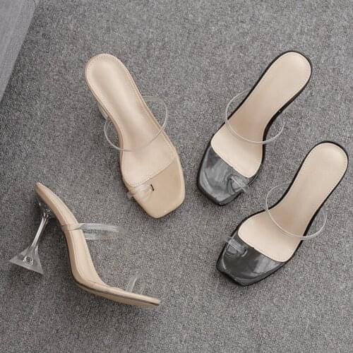 Women sandals PVC Slip On 14cm Thin Heels High heels Square Toe Shallow women shoes sandalias mujer 2020 size 35-42 black Beige