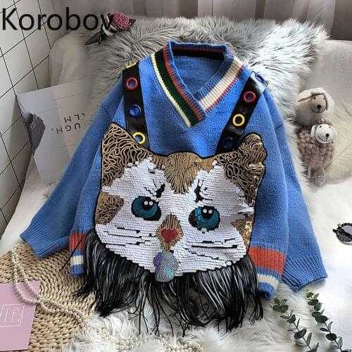 Korobov Harajuku Streetwear Cartoon Sequined Women Sweaters Korean V Neck Long Sleeve Oversize Kawaii Sweaters Pullovers
