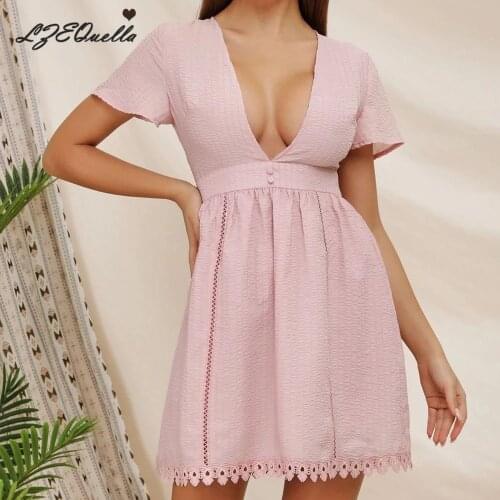 LZEQuella 2021 Summer Women Sexy Deep V Neck Lace Patchwork Dress Ladies Solid Mini Short Sleeve Party Dresses Vestidos NZ1467