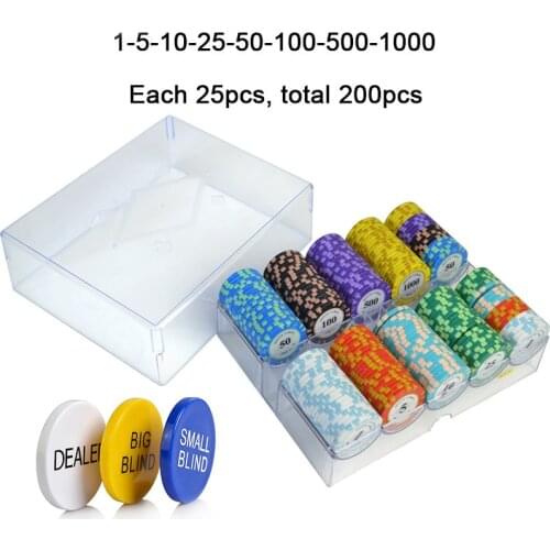 100/200Pcs Clay Chips Set Metal Texas Hold'em Poker Chips Casino Coins Poker Club Accessories of Chips+1 Acylic Chip Box 14g