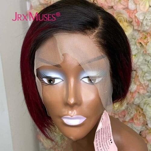 1B99 27 Brown Burgundy Ombre Colored Bob T Part Lace Brazilian Short Straight Human Hair Wigs Pre Plucked Wig For Blcak Women