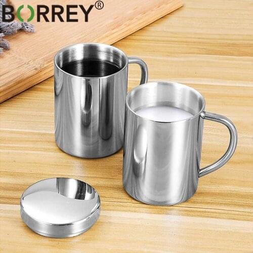 BORREY 304 Stainless Steel Coffee Mug Tea Cup Double Wall Mug Thermal Insulated Breakfast Milk Cup Mug Metal Beer Cup Drinkware